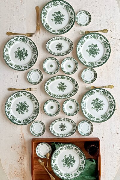 porselenden Antique green 19 Parça 6 Kişilik Porselen Kahvaltı Takımı