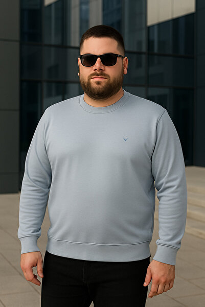 Maccali Men's Casual Plus Size Loose B.Blue Long Sleeve T-Shirt