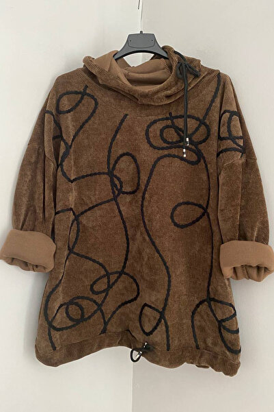 AYASOFYA OTANTIK Women's Italian Brown Hooded Raffia Pattern Casual Velvet Blouse Sweatshirt Cap