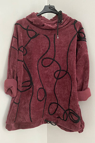 AYASOFYA OTANTIK Bluză de catifea casual pentru femei, italiană, burgundă, cu glugă cu model rafie, Swea tricou Cap