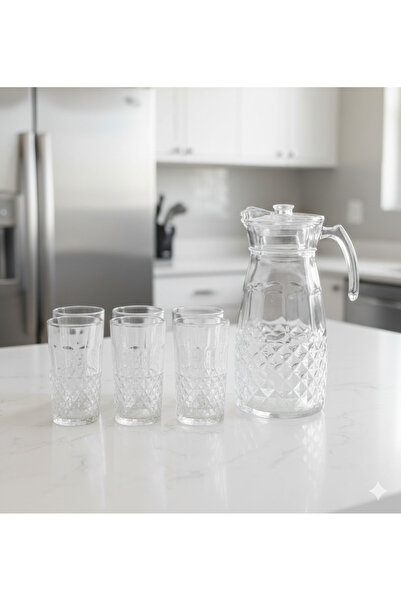 Urbanza Glass Jug with 6 Drinking Glasses Set – Premium Diamond Cut Water & Juice Serving Set