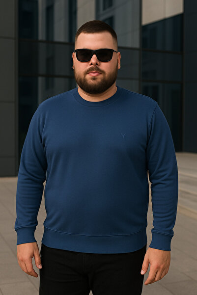 Maccali Men's Casual Plus Size Loose Blue Long Sleeve T-Shirt