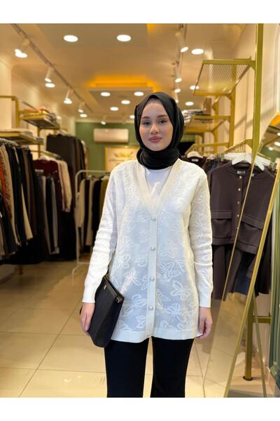 Tığ Triko Butterfly Glitter Jacquard Knitwear Cardigan Ecru