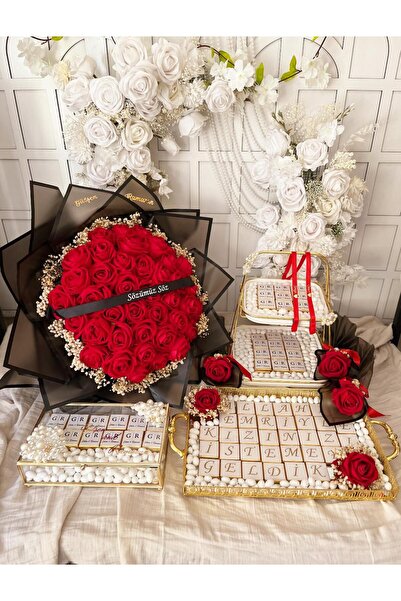 m ticaret 156 Kişiye Özel Çikolatalı Kız İsteme Seti 41li Kırmızı Kadife Gül ...