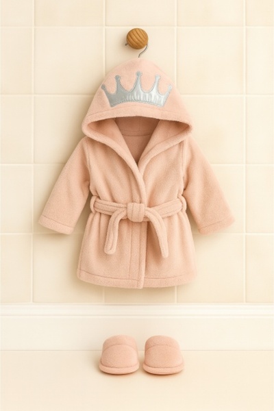 Superbaby Set halat si papuci Bebekevi roz cu gluga coronita – 6-12 luni