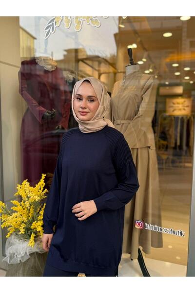 Tığ Triko Omuzlar Taş Baskılı Rayon Tunik 21723 Lacivert