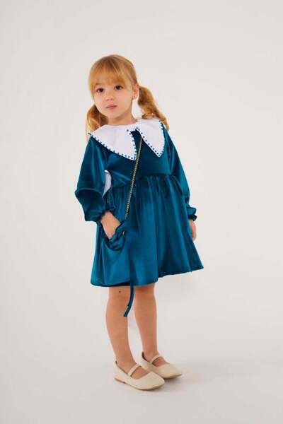 Pinkitokids Rochie din catifea cu detaliu perlat cu geanta cadou - turcoaz