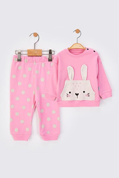 baby flamindo Cotton Dot Printed Bunny Ear Detailed Two-Piece Seasonal Pajama Set