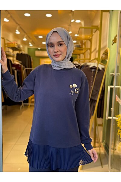 Tığ Triko Pleated Detailed Accessory Tunic 4012 Navy Blue