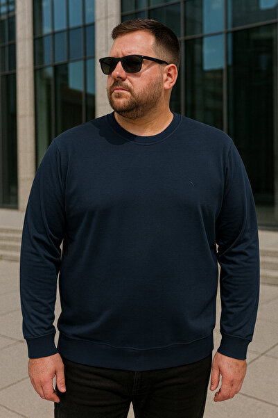 Maccali Men's Casual Plus Size Loose Navy Blue Long Sleeve T-Shirt