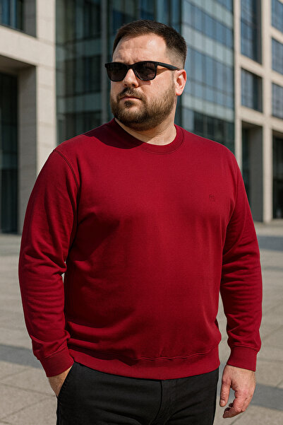 Maccali Men's Casual Plus Size Loose Burgundy Long Sleeve T-Shirt