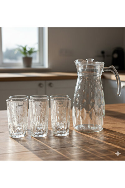 Urbanza Glass Jug with 6 Drinking Glasses Set – Premium Diamond Pattern Water & Juice Serving Set