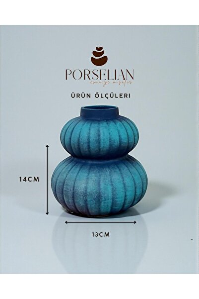 Porselian Uzdebljana Prugasto antikvitetna dekorativna vaza 14x13 cm tirkizno...