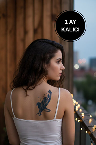 shop 1 Ay Kalıcı Orman Silüetli Kartal Figürlü Geçici Dövme 9x12 cm Tattoo