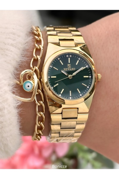 Reward ساعة نسائية، مينا أخضر، سوار فولاذي أصفر، في علبة أنيقة، مع سوار هدية