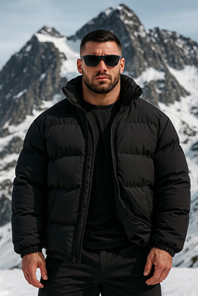 Richarlison Erkek Siyah Su ve Rüzgar Geçirmez Slimfit Dik Yaka Astarlı Kalın Şişme Mont