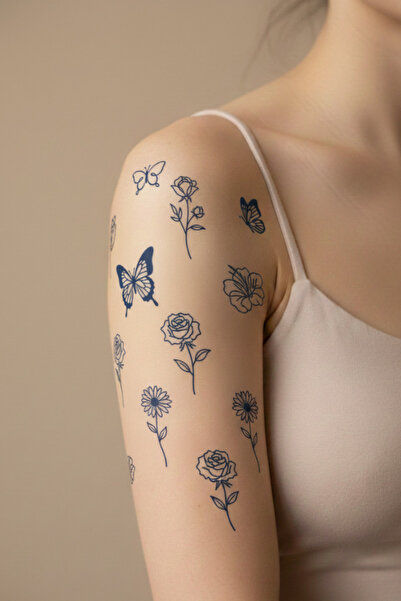 shop 1 Ay Kalıcı Karışık Çiçek Figürlü Su Geçirmez Minimal Geçici Dövme Seti 90 (9x12 cm)