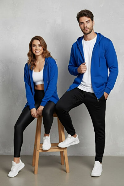 Careflick Unisex Saks Mavi Oversize Kalıp 2 İplik Kapüşonlu Fermuarlı Sweatsh...