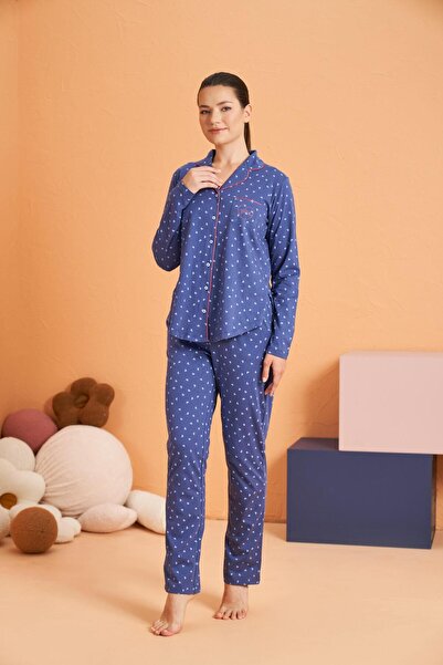 PJS Дамски комплект пижама с дълъг ръкав, с копчета отпред, с мотив сърце и яка