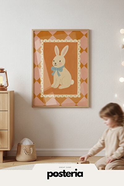 Posteria Tekli Doğal Ahşap Çerçeveli Çocuk Odası Tablosu, Turuncu Desenle Tav...