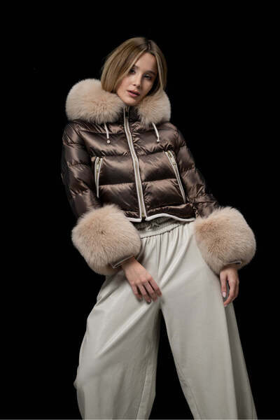 FLO CLO Fur Brown Puffer Jacket With Fur Sleeves
