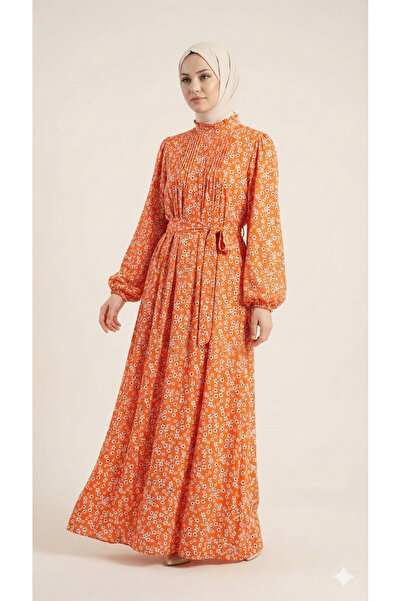 diğerr1 Desenli Büzgü Detaylı Bel Bağcıklı Elbise Tesettür Giyim