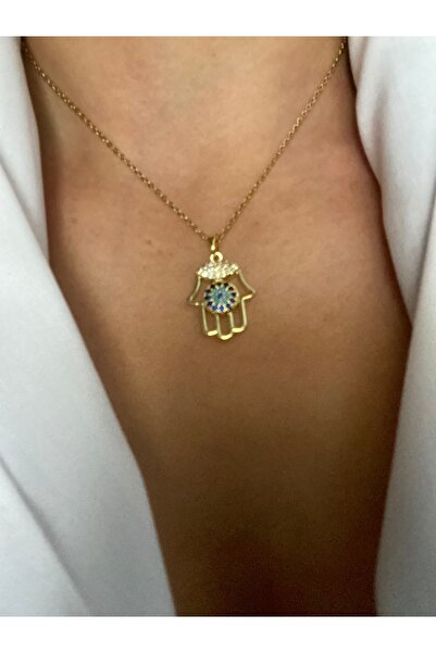 Byoz store قلادة فاطمة آنا من الفولاذ المطلي بالذهب مع خرز العين الزرقاء