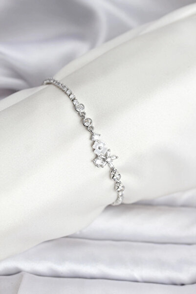 Epilons سوار نسائي من الفضة على شكل زهرة مرصع بحجر الزركون من Bfs