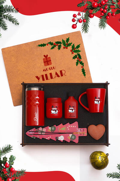 TrendHediye Yeni Yıl Tasarımlı Ahşap Kutu Premium Hediye Seti (Termos + Mum + Kupa + Kolonya)