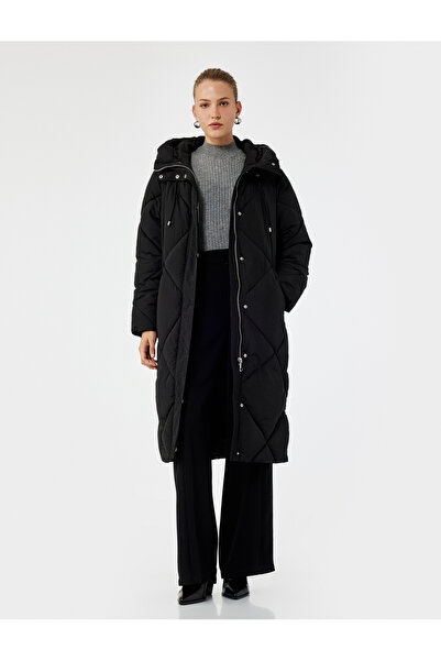 Koton Hooded Zippered Long Sleeve Water Repellent Extra Long Quilted O Oversized Puffer Anorak Coat