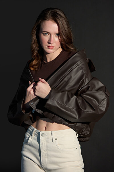 Fulla Moda Faux Leather Jacket with Shoulder Detail