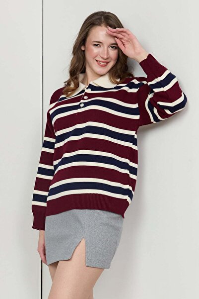 Fulla Moda Striped Half Button Polo Neck Knitwear Sweater