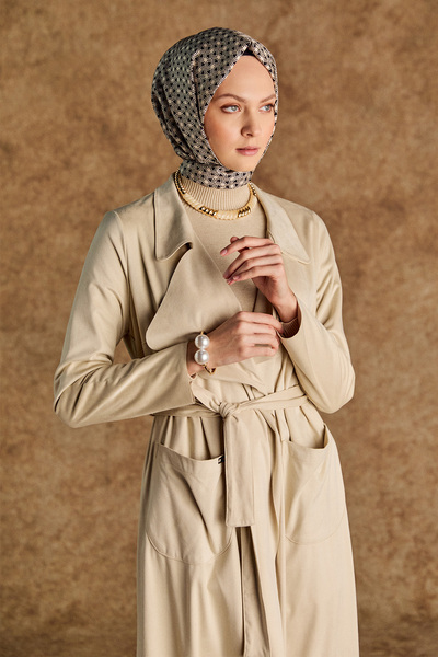 Setrms Süet Dokulu Kuşaklı Ceket Yaka Pardösü