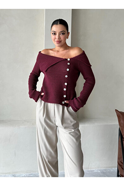 My Blog Burgundy Collared Rustic Knitted Cardigan