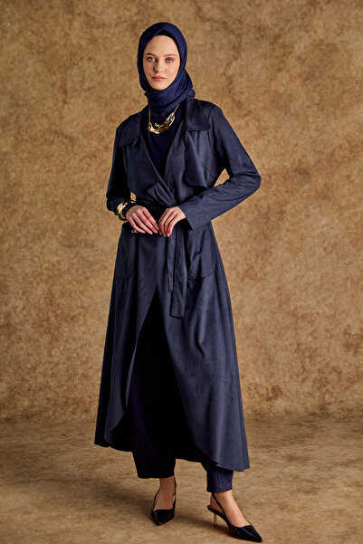 Setrms Süet Dokulu Kuşaklı Ceket Yaka Pardösü