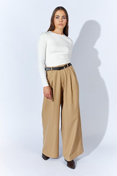 TENA Women's Beige Thick Waist Belt Palazzo Pants