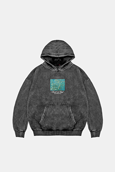 Sekizbiraltı Almond Blossoms Baskılı Oversize Unisex Yıkamalı Siyah Hoodie