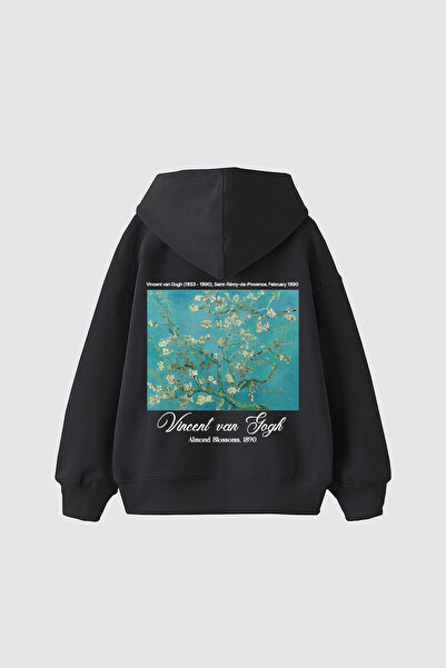 Sekizbiraltı Almond Blossoms Printed Oversized Unisex Black Hoodie