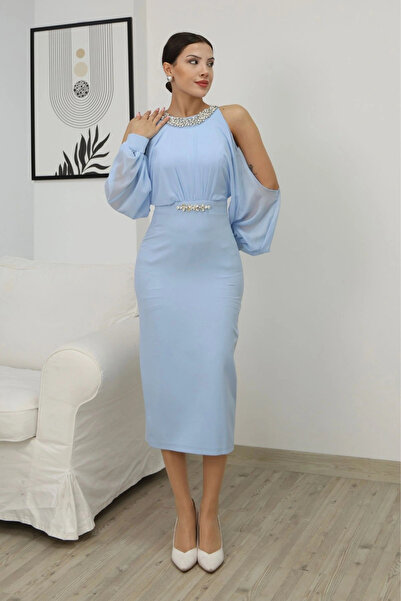 lodmela Rochie de seara cu pietre aplicate cu maneci balon deschise pe umeri 2261-Albastru bebelus