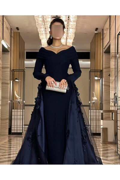 Rahibhdresses Navy blue Barbie evening dress. Off-the-shoulder design.