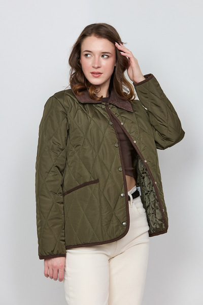 Fulla Moda Velvet Detailed Polo Collar Quilted Coat