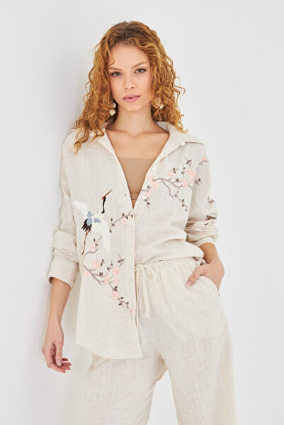 TMGediz Nakışlı Keten Gömlek