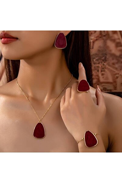 İnci Mercan Bujiteri 5 Parça Retro Kırmızı Takı Seti (Kolye, Küpe, Bileklik, Yüzük)