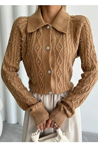 My Blog Camel Diamond Buttoned Stone Cardigan - 241051