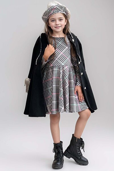 Riccotarz Girls' Plaid Pattern Dress and Black Cashmere Coat with Plush Sleeves and Pearl Embroidery