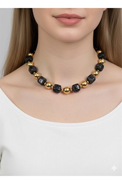 Pelin Aksesuar Modern Statement Necklace with Black Natural Stone Look and Gold Ball Beads
