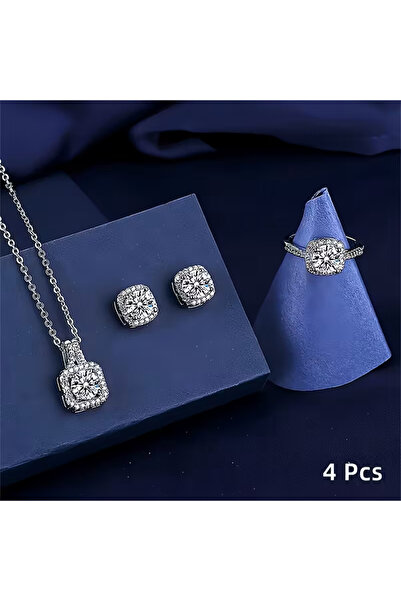 ELENKA Set of 4 Zircon and Diamond Stone Earrings Necklace Tektaş Wedding Set