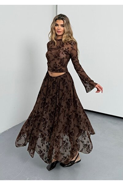 BEJNA Women's Embossed Patterned Asymmetrical Tulle Skirt