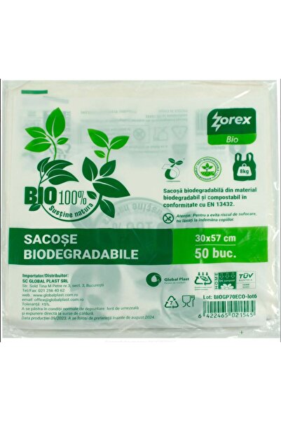 ZOREX 5 Bucati - sacose biodegradabile cu maner, 8kg, 30x57cm, 50buc/set,