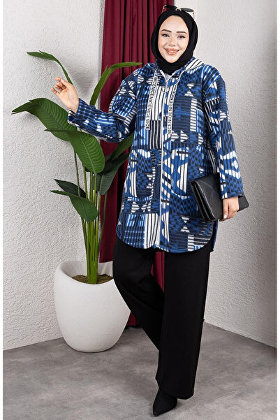 sefamerve Patterned Hooded Plush Cardigan 2062-11 Indigo